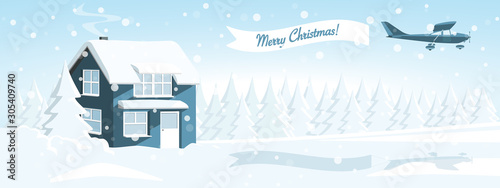 Wooden house in a snowy forest. Winter wonderland. In a sky plane with banner Merry Christmas! Vector template.