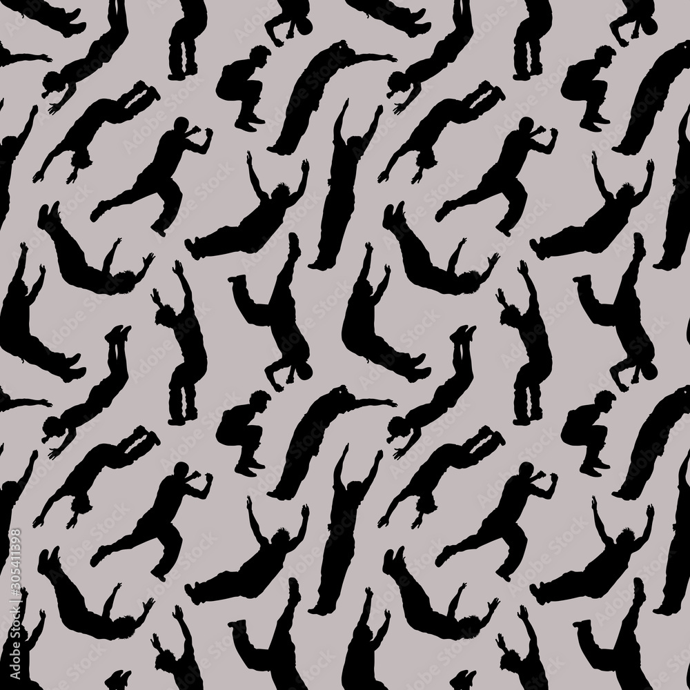 Jumping athletes seamless pattern. Parkour silhouettes on gray background