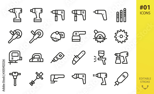 Power tools icons set. Set of cordless screwdriver, circular saw, electric planer, power drill, impact wrench driver, electric airbrush spray gun, angle grinder outline icons