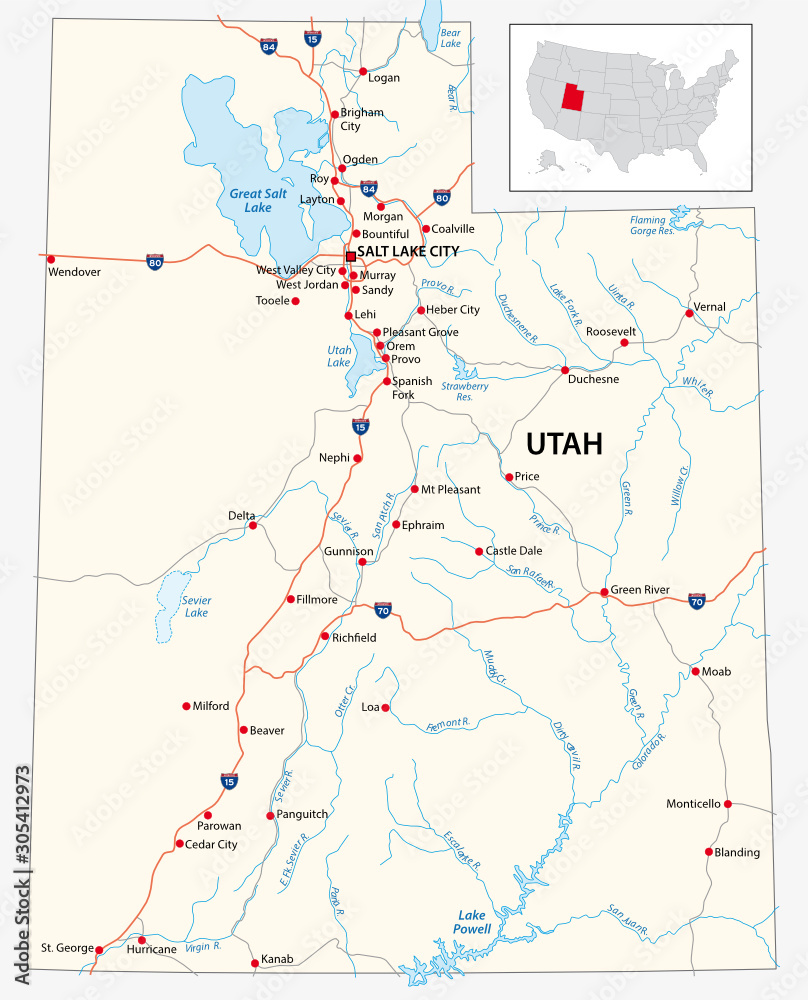 road map of the US American State of Utah