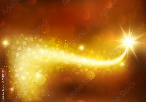 Magic gold celebration background. Festive sparkle shiny decoration with bokeh effects. Defocused, blurred lights.