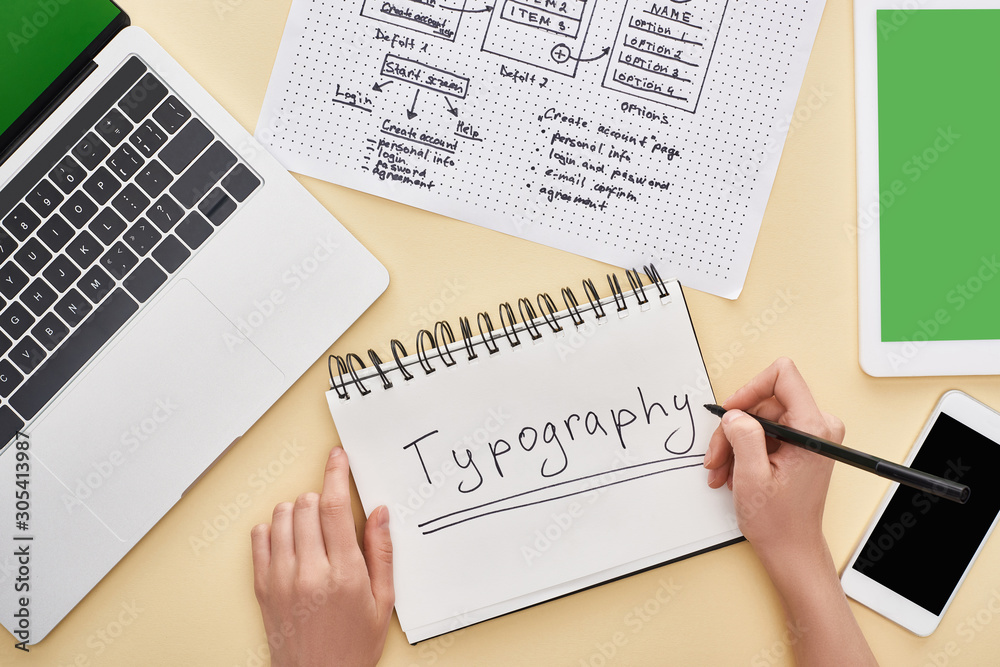 Obraz premium cropped view of designer writing typography lettering in notebook near website design template and gadgets on yellow background