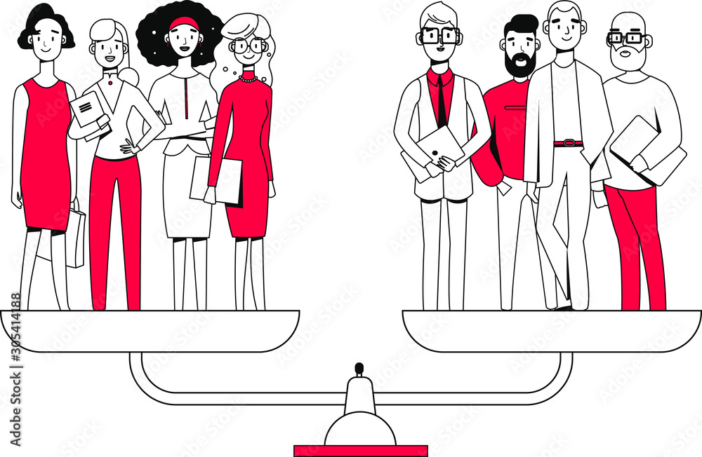 Businessmen and businesswomen stand on weighing machine and are even, gender equality concept, men and women are equal. Modern flat vector illustration.
