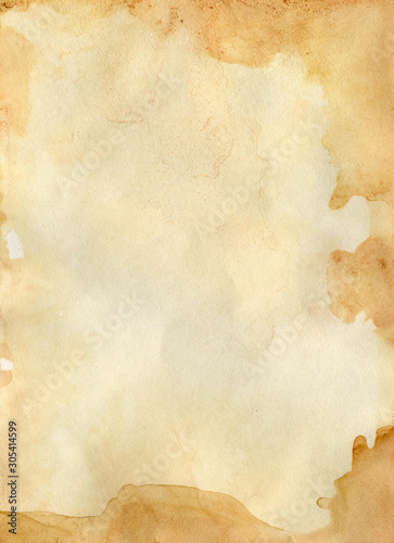 Old handmade paper. Splashes of coffee blots are brown. Texture design for old cards, invitation cards, background, wallpaper.