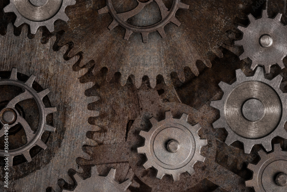 Rustic gears and cogs mechanism. Mixed media.
