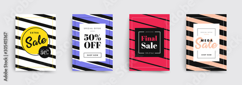Set of sale brochures templates. Stripes covers design. Trendy colorful bubble shapes composition. Vector backgrounds. Applicable for covers, placards, posters, flyers and banner designs.