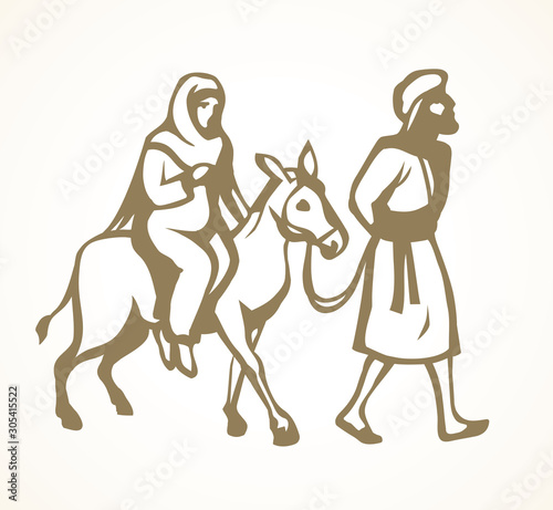 Joseph and Mary go to Bethlehem. Vector drawing