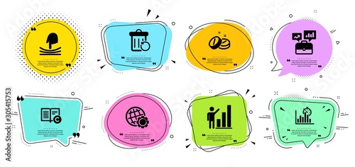 Copyright, Business portfolio and Medical tablet line icons set. Chat bubbles with quotes. Report timer, Globe and Graph chart signs. Recovery trash, Elastic symbols. Vector