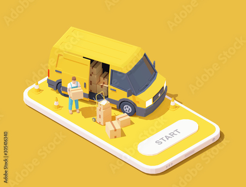 Vector parcel and mail delivery service and tracking app illustration, Smartphone with yellow delivery truck, express delivery courier holding cardboard box