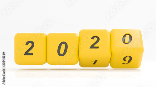 2020 New year change, turn. 2020 start 2019 end, yellow dice isolated against white background. 3d illustration