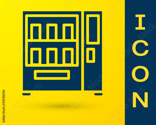 Blue Vending machine of food and beverage automatic selling icon isolated on yellow background. Vector Illustration