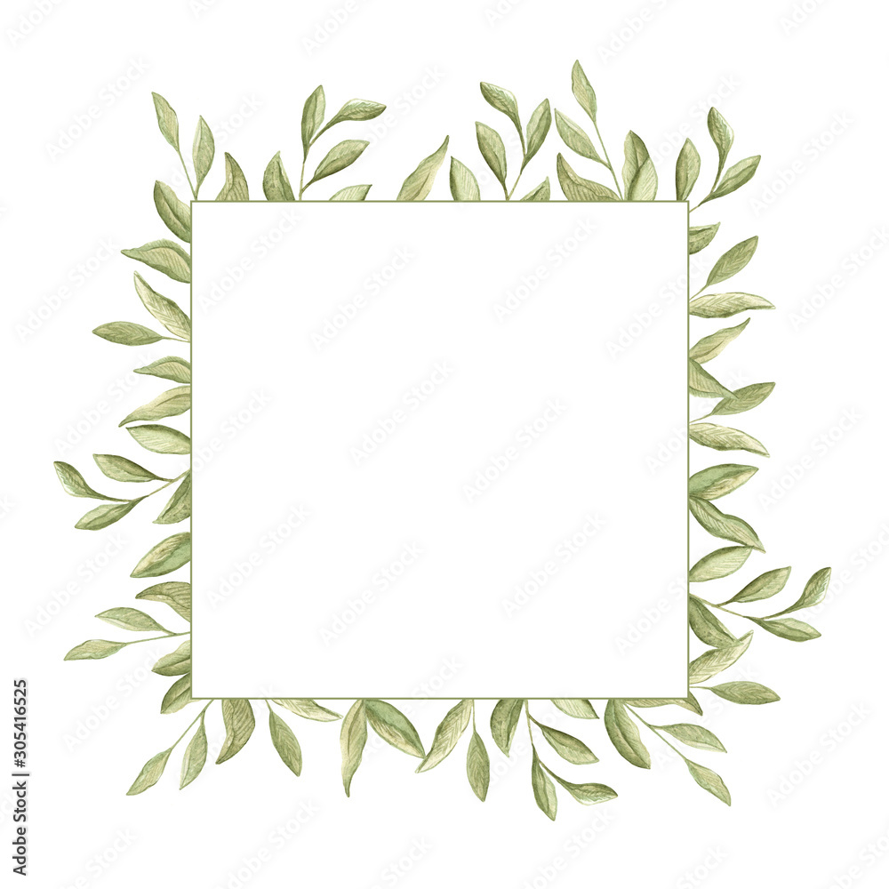 watercolor illustration square frame of green swamp branches with leaves on a white background. spring summer mood. space for text. cards, design, for wedding, greetings, wallpaper background.