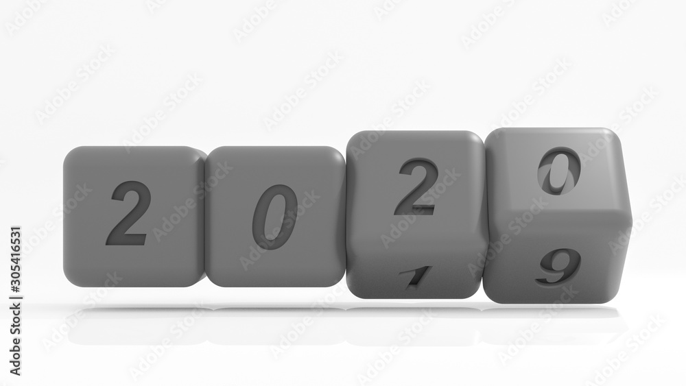 2020 New year change, turn. 2020 start 2019 end, grey dice isolated against white background. 3d illustration 2020 New year change, turn. 2020 start 2019 end, grey dice isolated against white background. 3d illustration