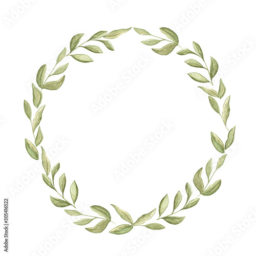watercolor illustration round frame of green swamp branches with leaves on a white background. spring summer mood. space for text. cards, design, for wedding, greetings, wallpaper background.