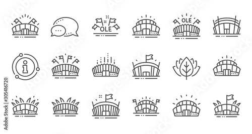 Sports stadium line icons. Ole chant, arena football, championship architecture. Arena stadium, sports competition, event flag icons. Sport complex linear set. Quality line set. Vector