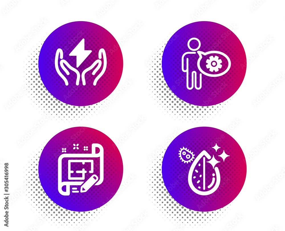 Cogwheel, Safe energy and Architect plan icons simple set. Halftone dots button. Dirty water sign. Engineering tool, Thunderbolt, Engineering plan. Aqua drop. Science set. Vector