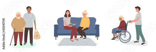 International Volunteer Day. Young volunteers walk older grey haired woman on a wheelchair, read book and help carry products. Social workers taking care about seniors people. Caring for the elderly.