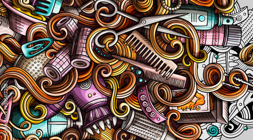 Hair salon hand drawn doodle banner. Cartoon detailed illustrations.
