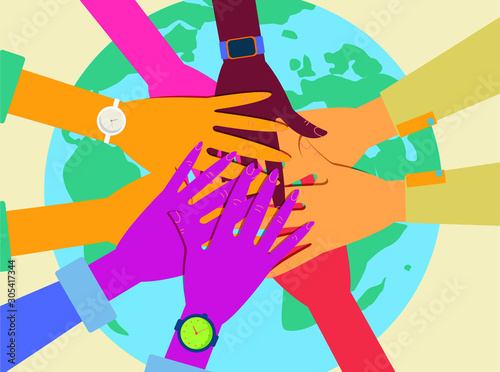 stacking hands, friendship hands, stack of different people hands, intercultural communication, interethnic relations, politics of difference. Modern flat vector illustration.