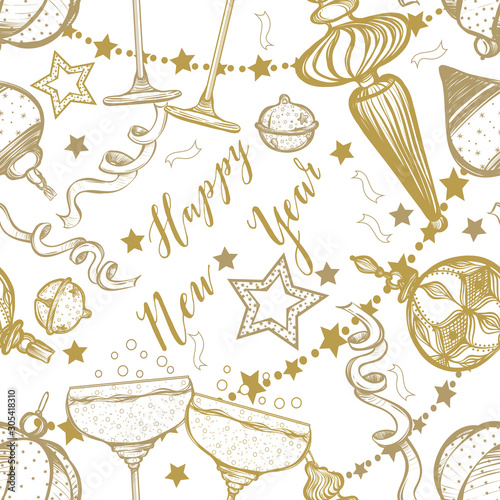 Happy New Year. Vector illustration, gifts,Christmas tree toys,wine glasses with champagne, prints on T-shirts, background light, card for you, handmade,seamless pattern