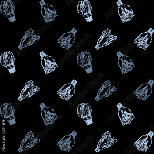 Oil and Gas industry. Drill bits. Gray on black background. Regular distribution of elements. Seampless pattern. EPS10 vector illustration