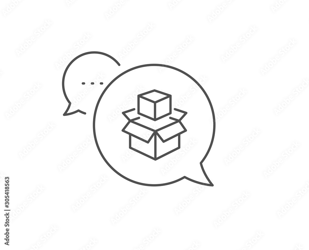 Box line icon. Chat bubble design. Delivery parcel sign. Packing boxes symbol. Outline concept. Thin line packing boxes icon. Vector Box line icon. Chat bubble design. Delivery parcel sign. Packing boxes symbol. Outline concept. Thin line packing boxes icon. Vector
