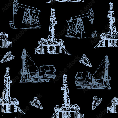 Oil and Gas industry. Stationary and mobile exploration drilling rigs. Gray on Black. Seampless pattern. EPS10 vector illustration
