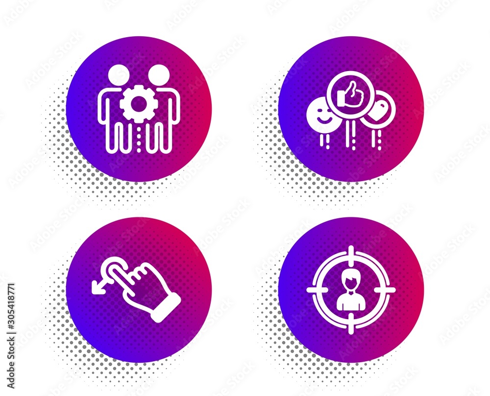 Employees teamwork, Drag drop and Like icons simple set. Halftone dots button. Headhunting sign. Collaboration, Move, Social media likes. Person in target. People set. Vector Employees teamwork, Drag drop and Like icons simple set. Halftone dots button. Headhunting sign. Collaboration, Move, Social media likes. Person in target. People set. Vector