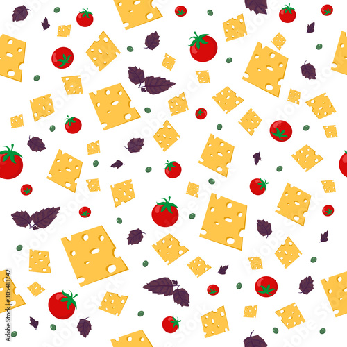 Cheese, tomato, basil, olives background. Seamless pattern for cafes, restaurants, pizzerias