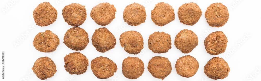 flat lay with delicious fresh cooked falafel balls isolated on white, panoramic shot flat lay with delicious fresh cooked falafel balls isolated on white, panoramic shot