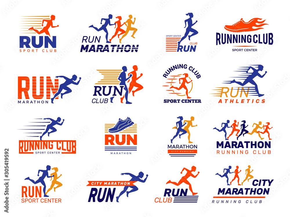 Sport logo. Healthy running marathon athletes sprinting badges vector collection isolated. Illustration runner fitness club, marathoner sportsman