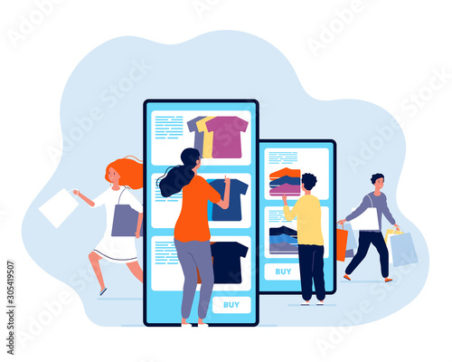 Online shopping. People buying products in web store e commerce smartphone paying vector concept. Illustration shopping with smartphone, consumerism mobile