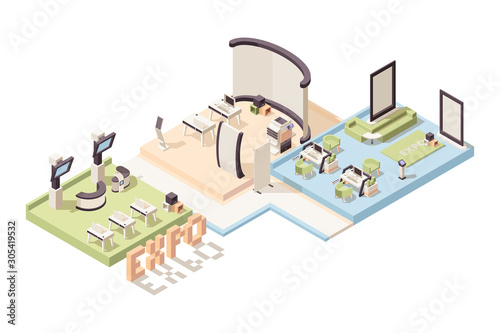 Exhibition isometric. Advertizing events stands and people vector 3d low poly exhibition complex interior. 3d isometric exhibition low poly, building showcase illustration