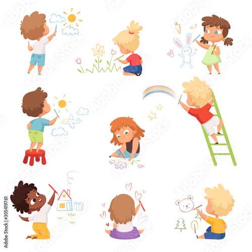 Kids artists. Childrens playing and drawing painting with colored crayons on paper vector funny cute characters. Illustration drawing cartoon, playing children