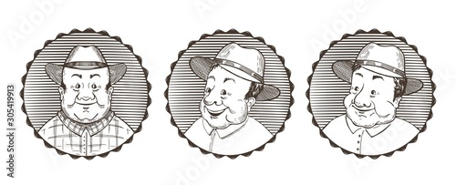 Set of images of farmers. Portraits of old men in hats. Vector illustration.