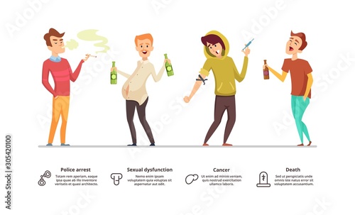 Addiction dangerous. Danger of alcoholism, drugs, smoking illustration. Addiction male vector characters. Addiction habit, smoke and drug