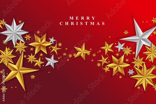 Red Christmas Background with Border made of Cutout Gold and Silver Foil Stars. Chic Christmas Greeting Card.