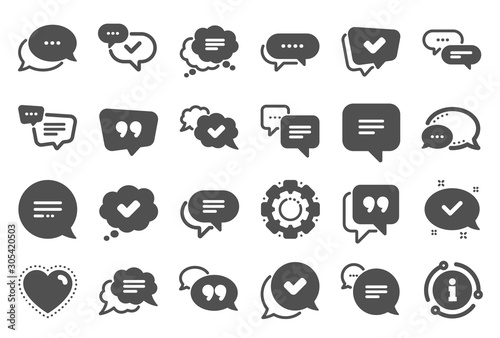 Chat and quote icons. Approved, Checkmark box and Social media message. Chat speech bubble, Tick or check mark, Comment quote icons. Think, approved talk, speech bubble. Quality set. Vector