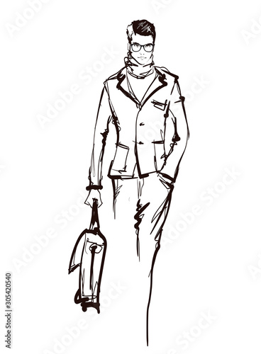 Stylish fashion man. Stylish handsome man in fashion clothes. Sketches on a gray background. Vector illustration.