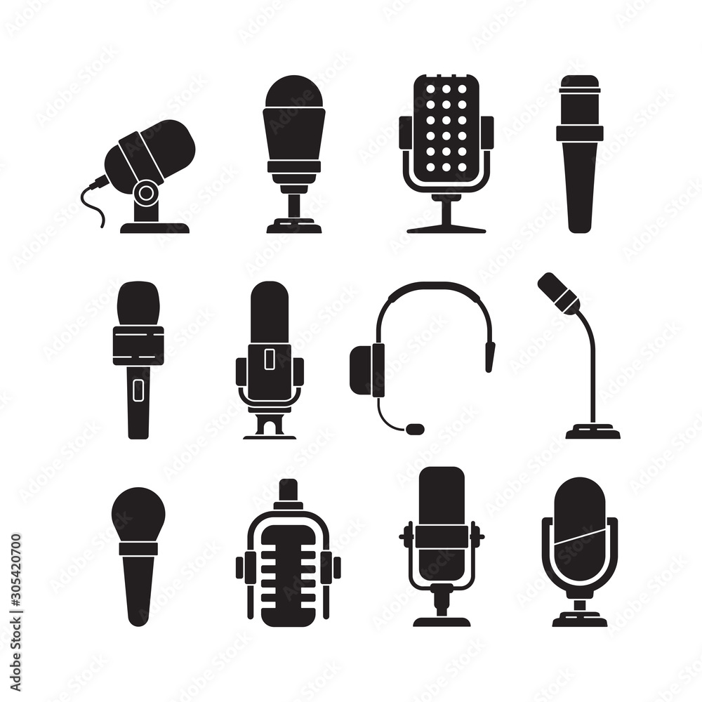 Microphone icons. Music singer items conference recorder for journalists  interview tools vector silhouettes. Sound and record, web microphone design  illustration vector de Stock | Adobe Stock