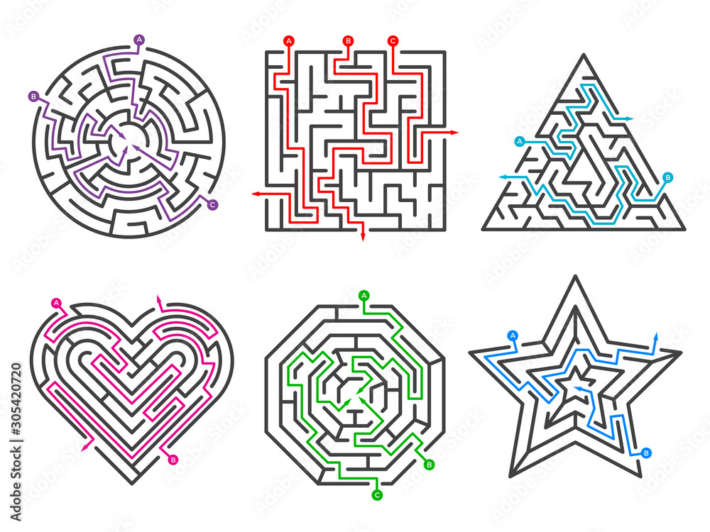 Game maze. Labyrinth collections various shapes with many entrance gate ...