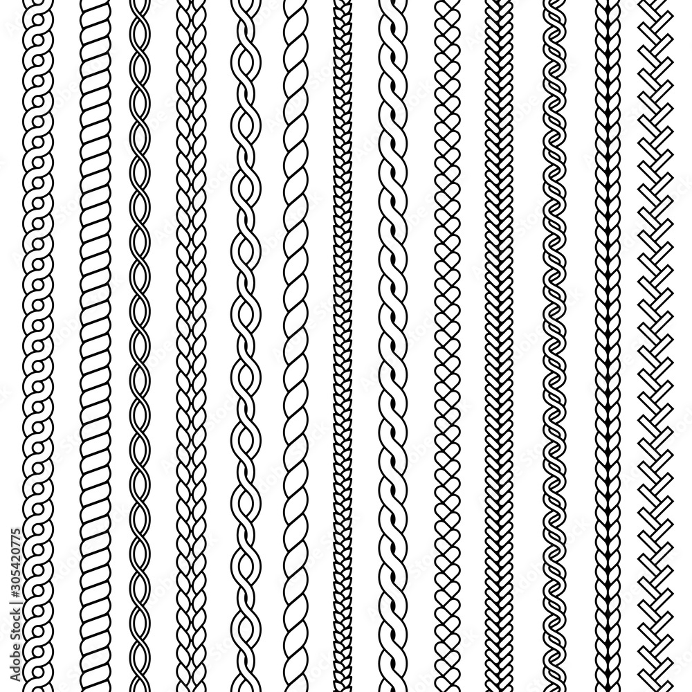 Plaits and braids. Waves knitted drawing ornamental structures textile  vector seamless collection. Pattern braid and thread, string plait  illustration Stock Vector