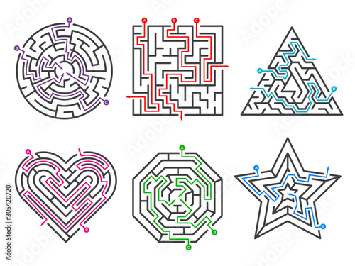 Game maze. Labyrinth collections various shapes with many entrance gate vector set. Maze game complexity, challenge task puzzle labyrinth illustration