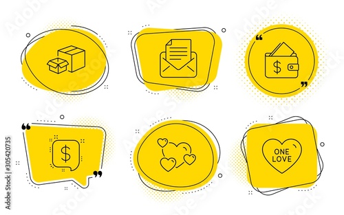 Payment message, Mail correspondence and One love signs. Chat bubbles. Heart, Wallet and Packing boxes line icons set. Love rating, Affordability, Delivery box. Finance. Line heart icon. Vector