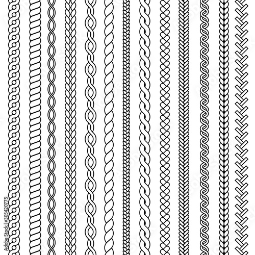 Plaits and braids. Waves knitted drawing ornamental structures textile vector seamless collection. Pattern braid and thread, string plait illustration