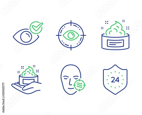 Skin cream, Check eye and Eye target line icons set. Problem skin, 24 hours signs. Medical cosmetic, Vision, Optometry. Facial care. Medical set. Line skin cream outline icons. Vector