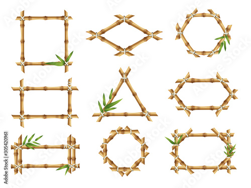 Bamboo frames. Geometric forms of nature bamboo rustic plants tropical objects japanese authentic vector frames. Stick bamboo square, decoration various frame illustration
