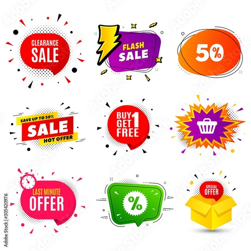 Clearance sale symbol. Banner badge, flash sale bubble. Special offer price sign. Advertising discounts symbol. Last minute offer. Sticker badge, comic bubble. Discounts box. Vector