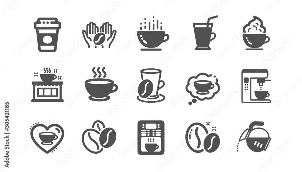 Coffee icons. Beans, hot cocktail and coffee maker machine. Espresso cup, cappuccino with whipped cream icons. Latte vending machine and roasted beans. Classic set. Quality set. Vector Coffee icons. Beans, hot cocktail and coffee maker machine. Espresso cup, cappuccino with whipped cream icons. Latte vending machine and roasted beans. Classic set. Quality set. Vector