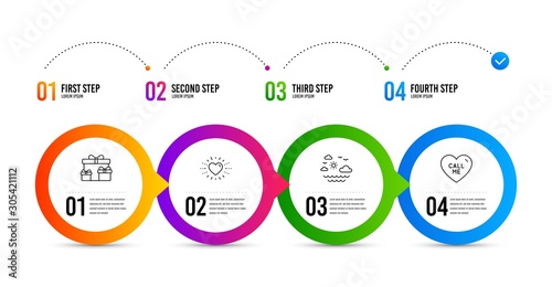 Surprise boxes, Heart and Travel sea line icons set. Timeline infographic. Call me sign. Holiday gifts, Love, Summer holidays. Love sweetheart. Holidays set. Surprise boxes icon. Vector